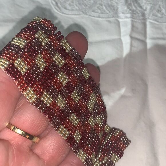 Vintage Handmade Seed Bead Copper Tone Patchwork Bracelet - Picture 7 of 13